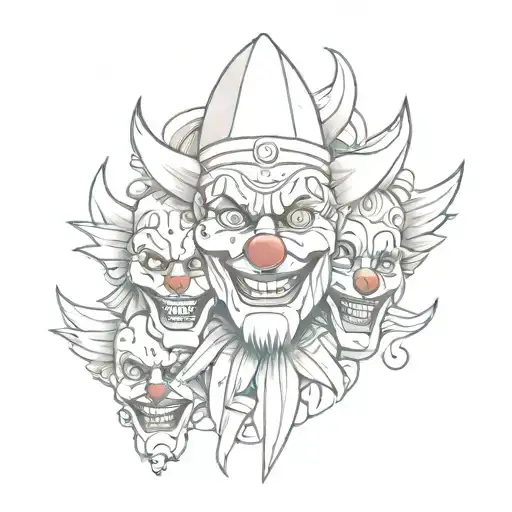 clown head stacked on top of each other totem pole tattoo design idea