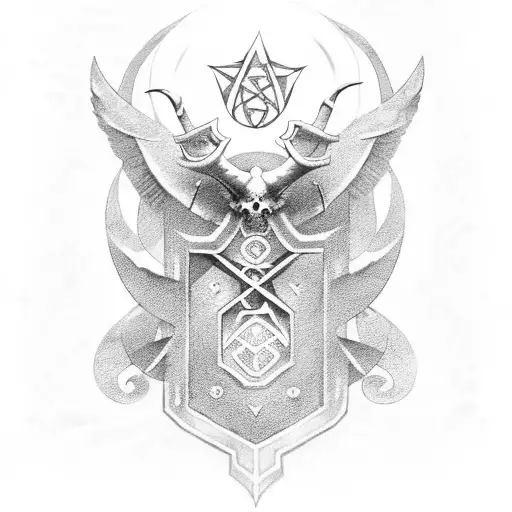 An occult-inspired shield adorned with mysterious runes and symbols tattoo design idea