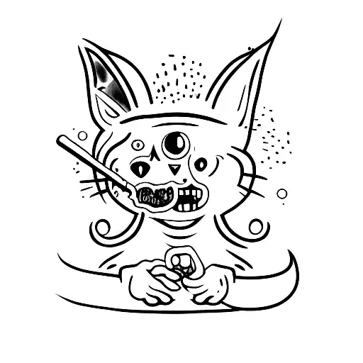 A minimalist tattoo of a zombie cat smoking a joint tattoo design idea