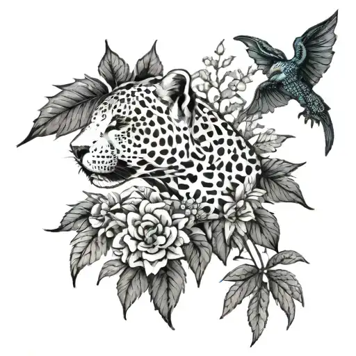 gothic jaguar and dragon with leafs and ferns and birds tattoo design idea