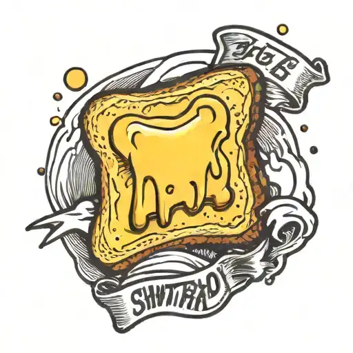 a piece of toast with melted cheese on it and a banner that says "shintaro itakura" tattoo design idea