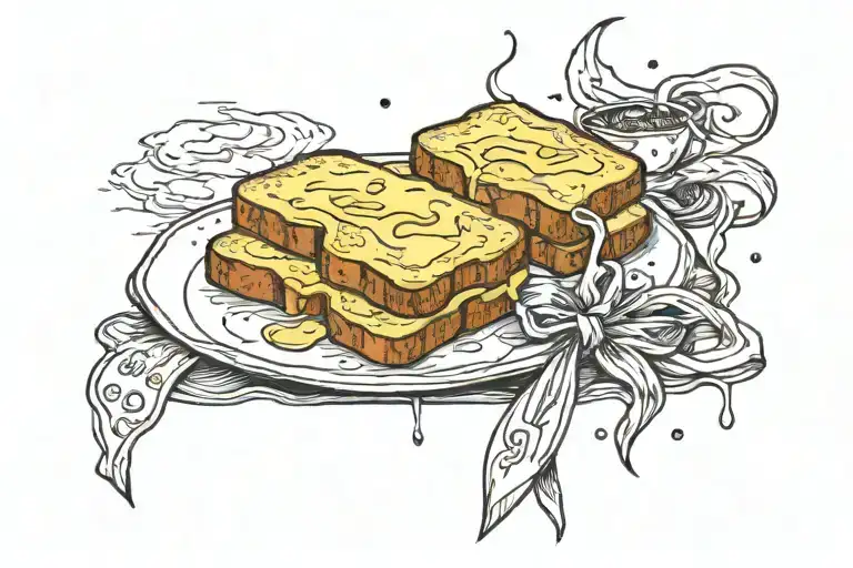 toast with melted cheese and a ribbon that says "shintaro itakura" tattoo design idea