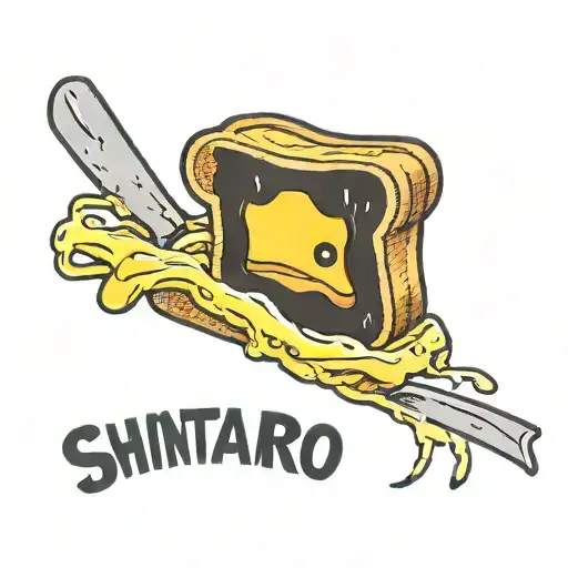 a piece of toast with melted cheese on it and a banner that says "shintaro itakura" tattoo design idea