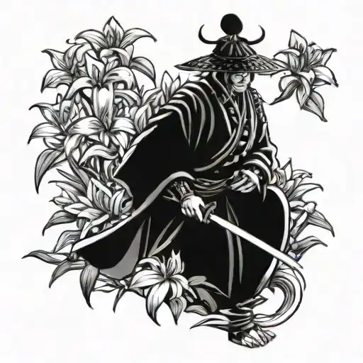 a samurai warrior with a sword planting plants in a garden of lillys tattoo design idea