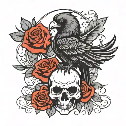 angry crow wings flap on skull and rose  tattoo design idea