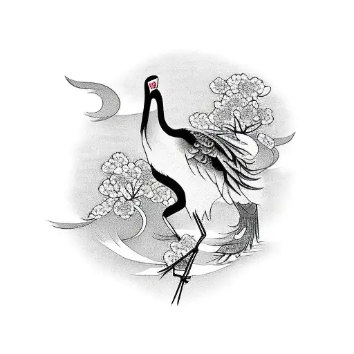 crane with sakura tattoo design idea