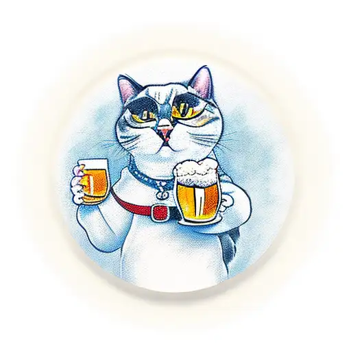 a cat with a beer mug in a round frame tattoo design idea