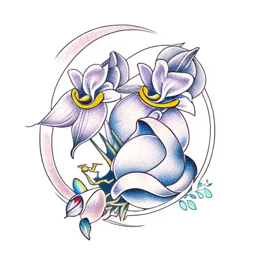 the orquidea flower together with an antulio flower with the moon and the name lidia written  tattoo design idea