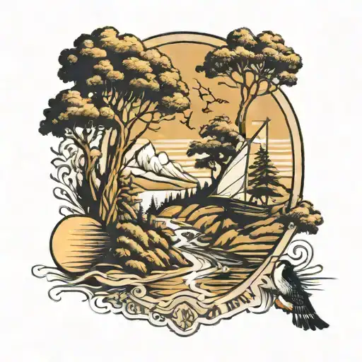 A unique tattoo combining elements of Renaissance art with outdoor activities, such as a hiking trail leading to a hidden fishing spot under a radiant sun tattoo design idea