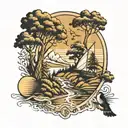 A unique tattoo combining elements of Renaissance art with outdoor activities, such as a hiking trail leading to a hidden fishing spot under a radiant sun tattoo design idea