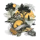 A unique tattoo combining elements of Renaissance art with outdoor activities, such as a hiking trail leading to a hidden fishing spot under a radiant sun tattoo design idea