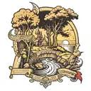 A unique tattoo combining elements of Renaissance art with outdoor activities, such as a hiking trail leading to a hidden fishing spot under a radiant sun tattoo design idea