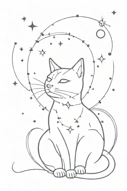 cat made out of Constellations playing with the moon in space tattoo design idea