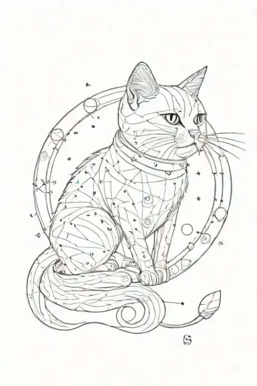 minimalistic space cat playing with the moon phases tattoo design idea