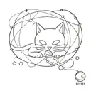 A minimalist design of a cat playing with a planet tattoo design idea
