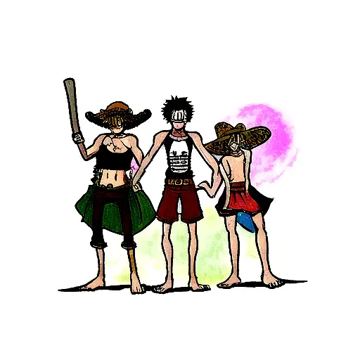 one piece, luffy, zoro and sanji. with flash, images in the background remembering the past and all the victories and di tattoo design idea