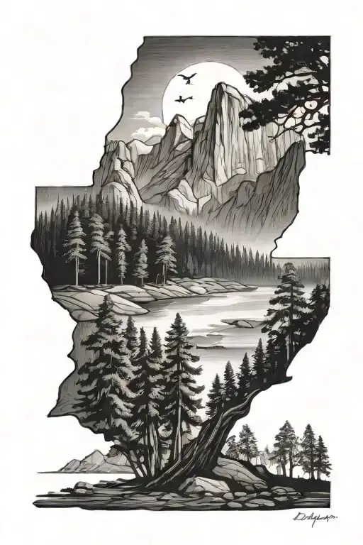 California beach scene and yosemite mountains filled with trees tattoo design idea