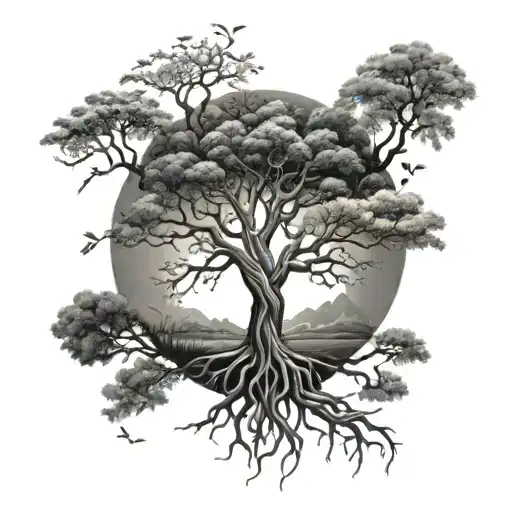 A beautiful tree of life tattoo symbolizing the interconnectedness of all life, with roots spreading wide and branches reaching high tattoo design idea
