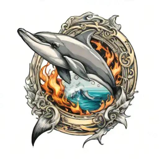A dolphin jumping through a fiery hoop held by a phoenix in a beach setting tattoo design idea