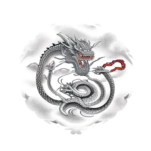A dragon and a Snake fighting with a sword and quotes around them.  a background of traditional japanese and floral  tattoo design idea