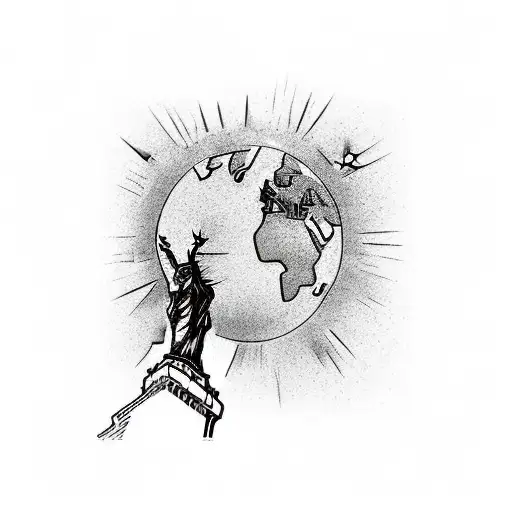 the world is yours across the globe, with the statue of liberty holding it up. full color with blacked out background tattoo design idea