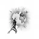 the world is yours across the globe, with the statue of liberty holding it up. full color with blacked out background tattoo design idea