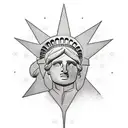 the world is yours across the globe, with the statue of liberty holding it up. full color with blacked out background tattoo design idea