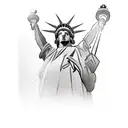 the world is yours across the globe, with the statue of liberty holding it up. full color with blacked out background tattoo design idea
