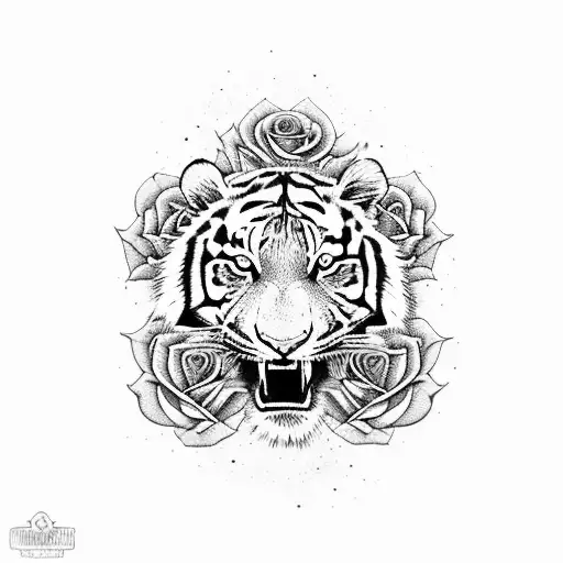 A fierce tiger in blackwork style, surrounded by a bed of roses tattoo design idea