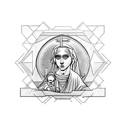 A minimalist tattoo of a technopunk-inspired Madonna and Child, combining elements of technology and religious symbolism tattoo design idea