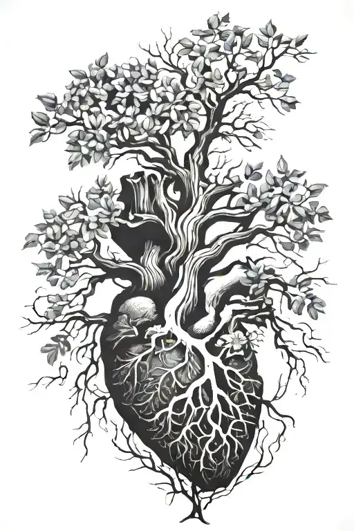 coast live oak tree with roots that form an anatomical heart tattoo design idea