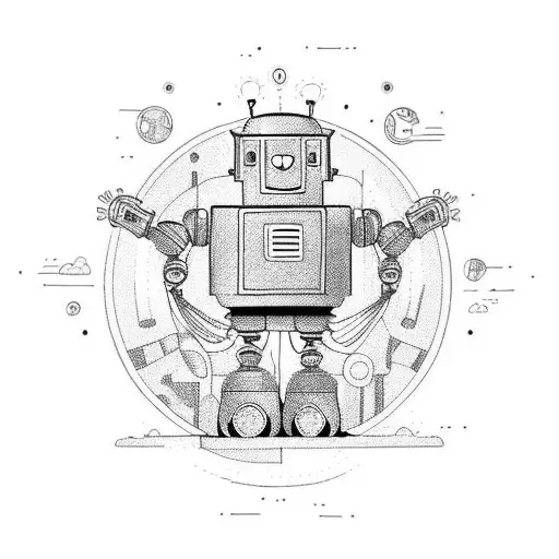 Robot soldaat met zwaard, eenhoorn, Wizard meisje, brandend vosje en een 20-zijdige dobbelsteen centraal  tattoo design idea