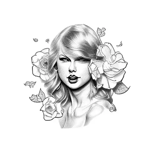 Taylor Swift's silhouette surrounded by swirling August flowers tattoo design idea