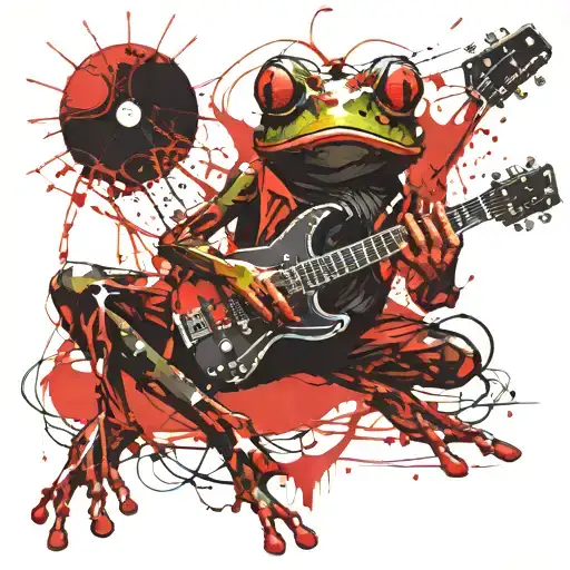 An addicted frog playing electro guitar while meditating  tattoo design idea