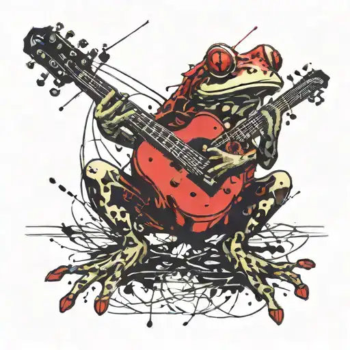 An addicted frog playing guitar while meditating  tattoo design idea
