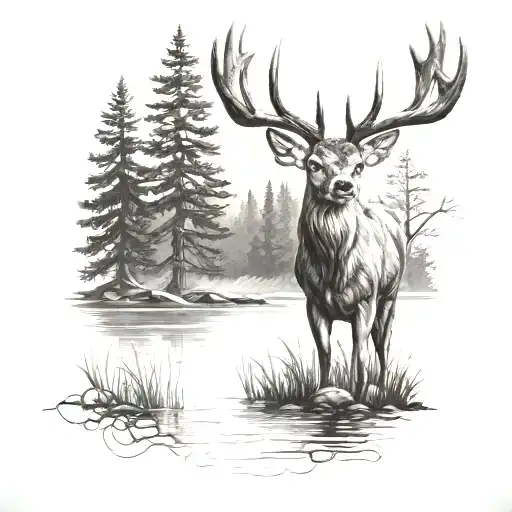 lake with woods in the background deer head with trees tattoo design idea