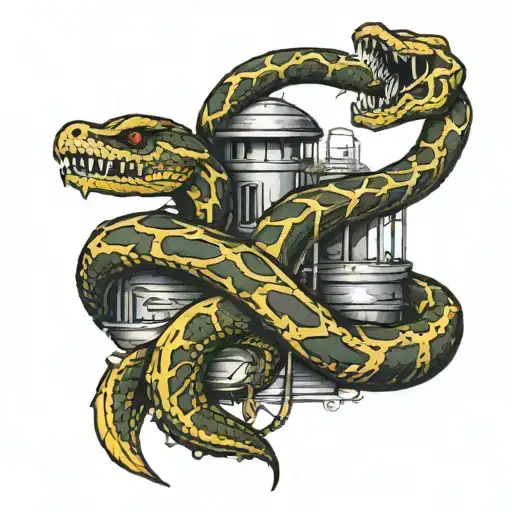 Rattlesnake wrapped around an oil rig tattoo design idea
