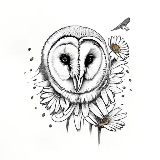 barn owl with daisies tattoo design idea