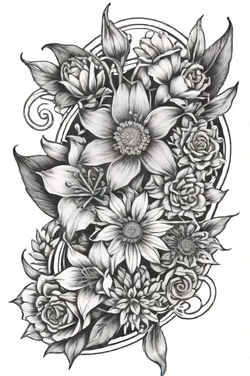 tattoo of Fibonacci sequence surrounded by various mini daffodil, daisy, lily of the valley, rose, and aster flower tattoo design idea
