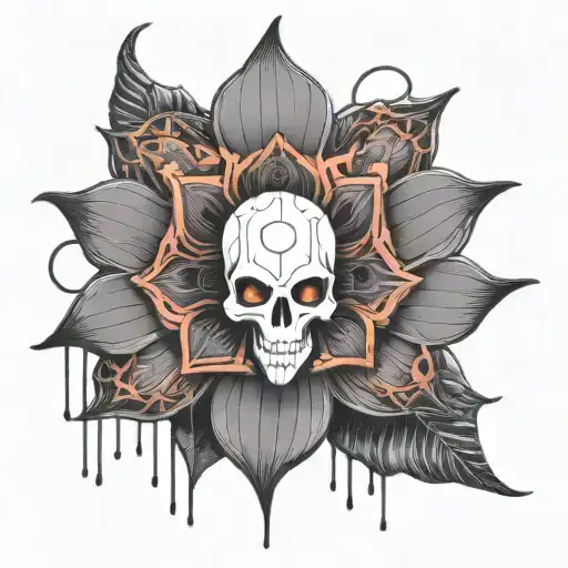 Create a ghost with a cyberpunk aesthetic hovering above a black lotus flower.   tattoo design idea