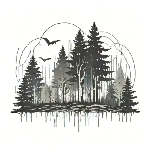 A ghostly forest scene with binary code intertwined in the trees tattoo design idea