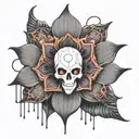 Create a ghost with a cyberpunk aesthetic hovering above a black lotus flower.   tattoo design idea
