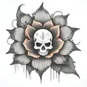Create a ghost with a cyberpunk aesthetic hovering above a black lotus flower.   tattoo design idea