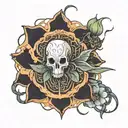 Create a ghost with a cyberpunk aesthetic hovering above a black lotus flower.   tattoo design idea