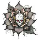 Create a ghost with a cyberpunk aesthetic hovering above a black lotus flower.   tattoo design idea