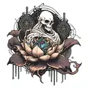 Create a ghost with a cyberpunk aesthetic hovering above a black lotus flower.   tattoo design idea