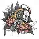 Create a ghost with a cyberpunk aesthetic hovering above a black lotus flower.   tattoo design idea