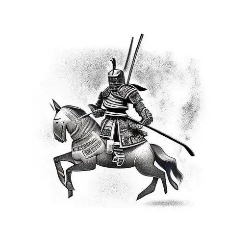 Samurai warrior riding his horse both in iron armor, the samurai sheathing a large spear along with the form fo the arm  tattoo design idea