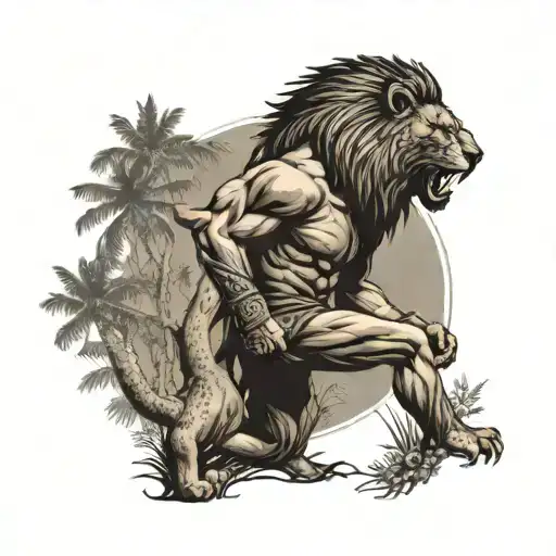 A soldier practicing Muay Thai in a jungle setting, with a lion and eagle watching from the trees tattoo design idea
