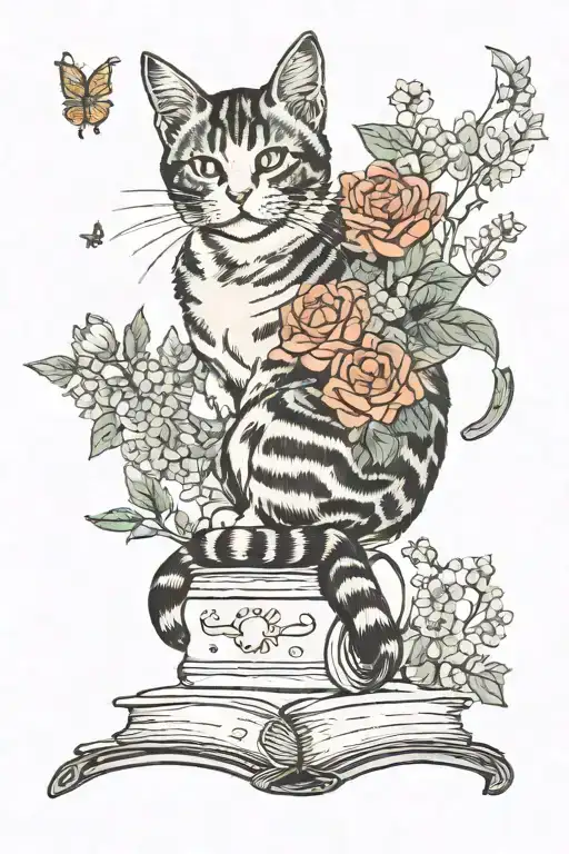 A cat lounging in a field of flowers with a slice of cake and a book nearby tattoo design idea